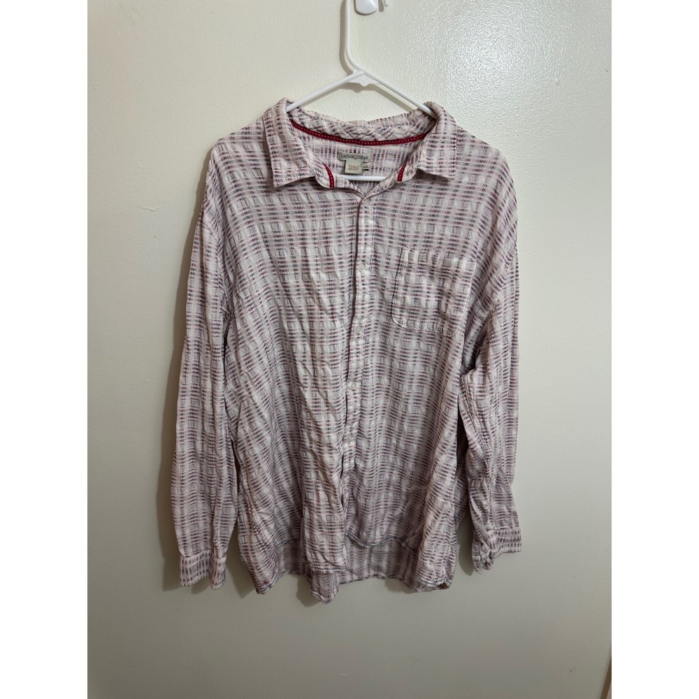 Carbon 2 Cobalt Mens Large Textured Grid Button Down Shirt Long Sleeve Red White